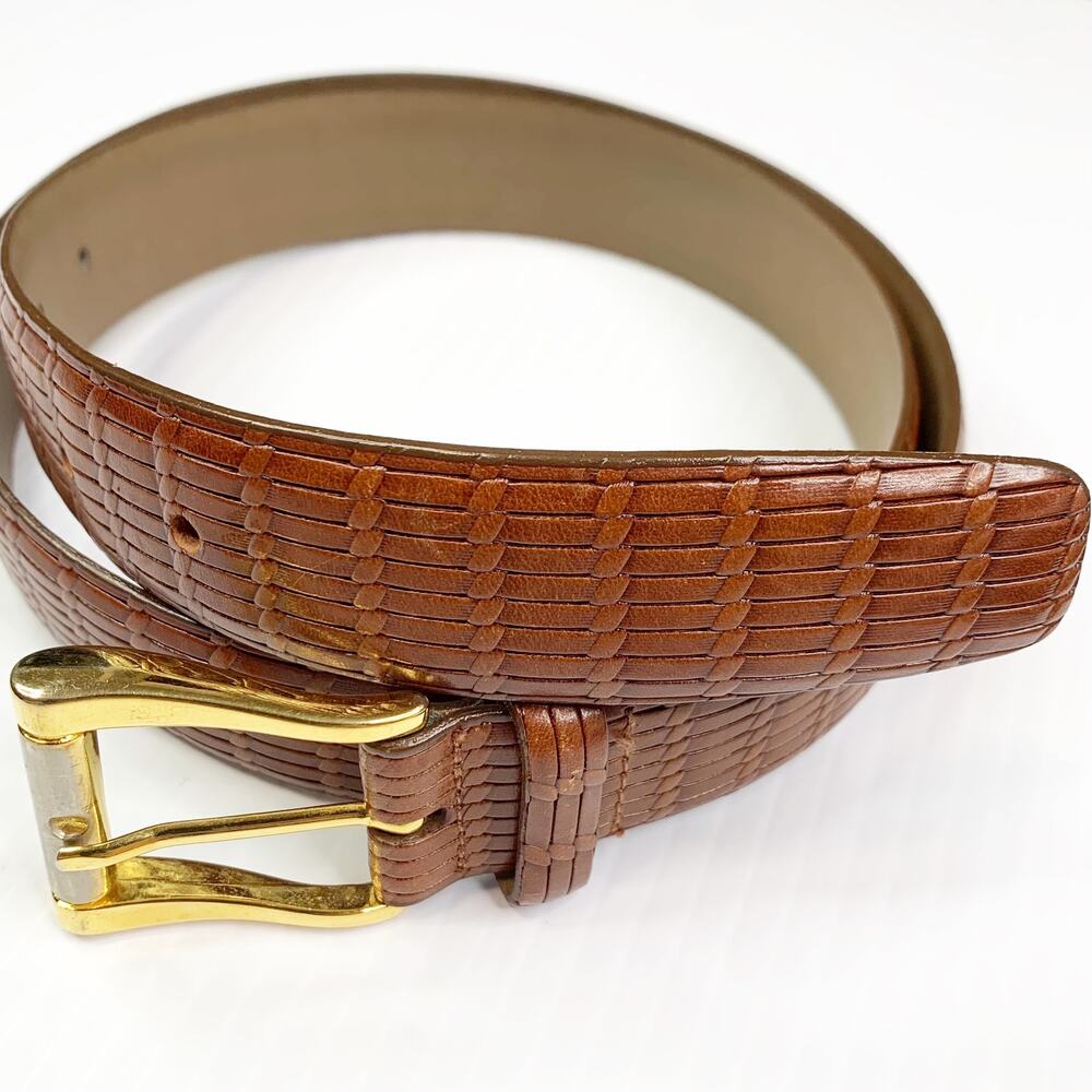 Bally Leather Woven Belt Size 36 Italy Brown Gold Hardware Basket Weave 10029